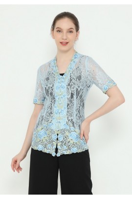 Lyne Halim Blouse Brukat Tangan Pendek Bordir Aplikasi, Biru 8388